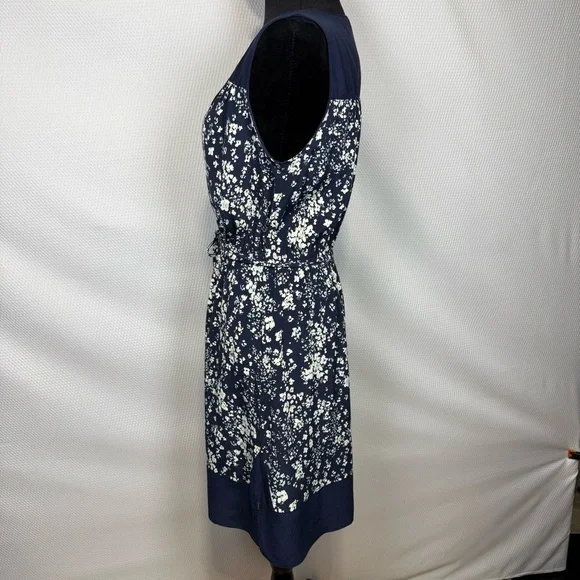 Ann Taylor Loft Floral Navy Dress Belted Sleeveless Small V-Neck - Picture 2 of 13